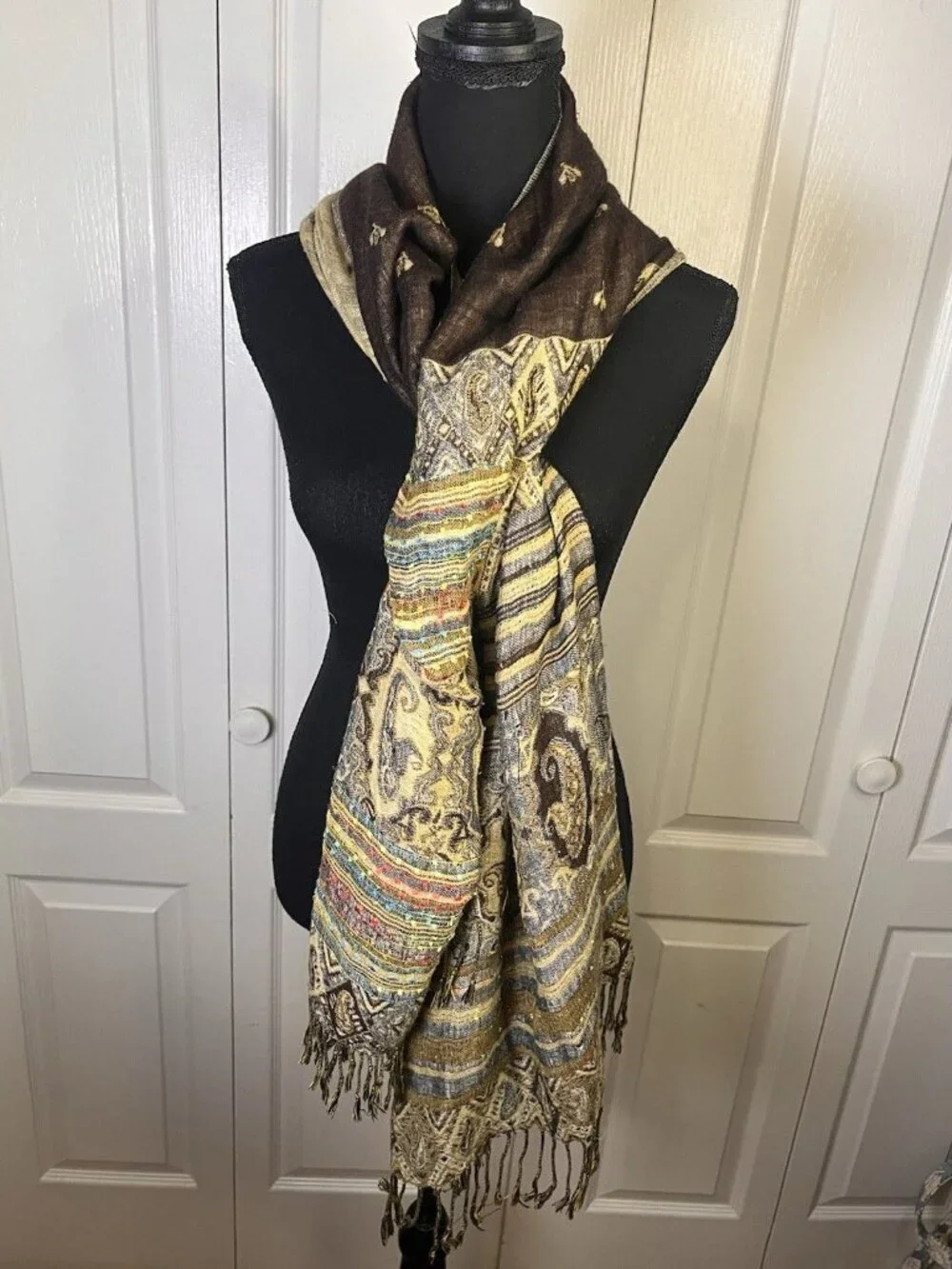 Cashmere Silk Paisley Pashmina Scarf Multicolor Fringe Woven 74